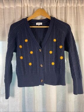 Tildon Navy V-Neck Cable Knit Cardigan with Yellow Flower Embroidered Appliqués